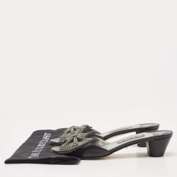 Pre Owned Gina Black Leather Crystal Embellished Bow Slide Sandals Size 39