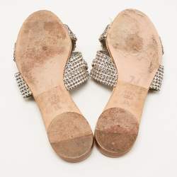 Gina Silver/Beige Crystal Embellished Leather Flat Slides Size 38.5