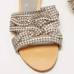 Gina Silver/Beige Crystal Embellished Leather Flat Slides Size 38.5