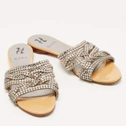 Gina Silver/Beige Crystal Embellished Leather Flat Slides Size 38.5