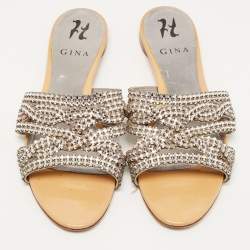 Gina Silver/Beige Crystal Embellished Leather Flat Slides Size 38.5