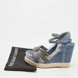 Pre Owned Gina Blue Python and Crystal Embellished Leather Wedge Platform Ankle Strap Sandals Size 40