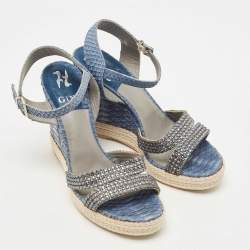 Pre Owned Gina Blue Python and Crystal Embellished Leather Wedge Platform Ankle Strap Sandals Size 40