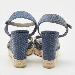 Pre Owned Gina Blue Python and Crystal Embellished Leather Wedge Platform Ankle Strap Sandals Size 40