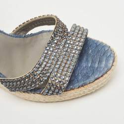 Pre Owned Gina Blue Python and Crystal Embellished Leather Wedge Platform Ankle Strap Sandals Size 40