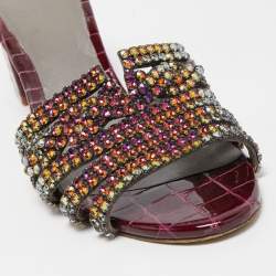 Pre Owned Gina Purple Croc Embossed Leather Crystal Embellished Loren Slide Sandals Size 40.5