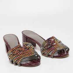 Pre Owned Gina Purple Croc Embossed Leather Crystal Embellished Loren Slide Sandals Size 40.5