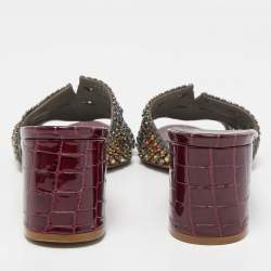 Pre Owned Gina Purple Croc Embossed Leather Crystal Embellished Loren Slide Sandals Size 40.5