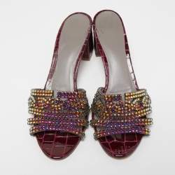 Pre Owned Gina Purple Croc Embossed Leather Crystal Embellished Loren Slide Sandals Size 40.5