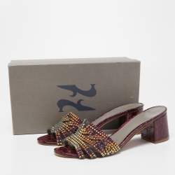 Pre Owned Gina Purple Croc Embossed Leather Crystal Embellished Loren Slide Sandals Size 40.5