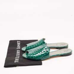 Pre Owned Gina Green Croc Embossed Leather Slide Flats Size 38.5