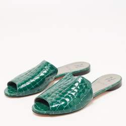 Pre Owned Gina Green Croc Embossed Leather Slide Flats Size 38.5