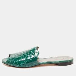 Pre Owned Gina Green Croc Embossed Leather Slide Flats Size 38.5