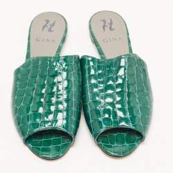 Pre Owned Gina Green Croc Embossed Leather Slide Flats Size 38.5