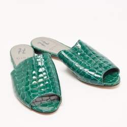 Pre Owned Gina Green Croc Embossed Leather Slide Flats Size 38.5