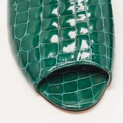 Pre Owned Gina Green Croc Embossed Leather Slide Flats Size 38.5