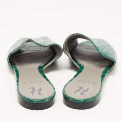 Pre Owned Gina Green Croc Embossed Leather Slide Flats Size 38.5
