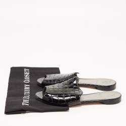 Pre Owned Gina Black Croc Embossed Leather Slip On Open Toe Flat Slides Size 38.5