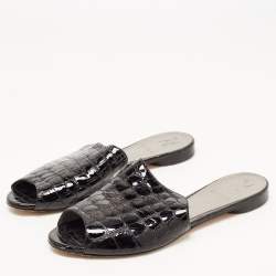 Pre Owned Gina Black Croc Embossed Leather Slip On Open Toe Flat Slides Size 38.5