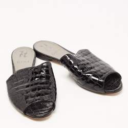Pre Owned Gina Black Croc Embossed Leather Slip On Open Toe Flat Slides Size 38.5