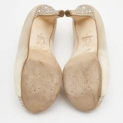 Pre Owned Gina Beige Satin Crystal Embellished Heel Peep Toe Platform Pumps Size 37