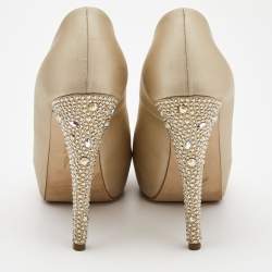 Pre Owned Gina Beige Satin Crystal Embellished Heel Peep Toe Platform Pumps Size 37