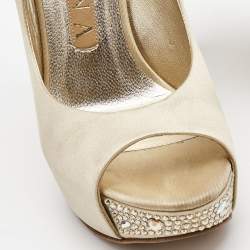 Pre Owned Gina Beige Satin Crystal Embellished Heel Peep Toe Platform Pumps Size 37