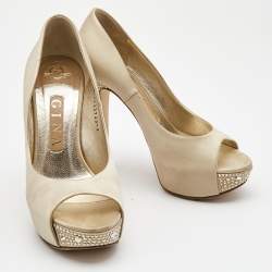 Pre Owned Gina Beige Satin Crystal Embellished Heel Peep Toe Platform Pumps Size 37
