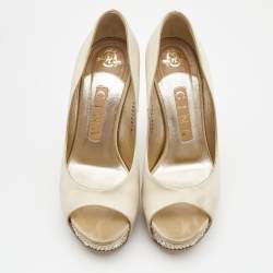 Pre Owned Gina Beige Satin Crystal Embellished Heel Peep Toe Platform Pumps Size 37