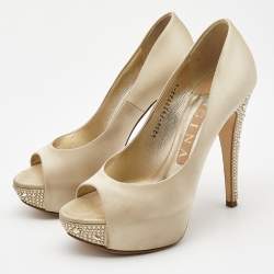 Pre Owned Gina Beige Satin Crystal Embellished Heel Peep Toe Platform Pumps Size 37