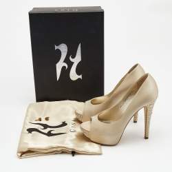 Pre Owned Gina Beige Satin Crystal Embellished Heel Peep Toe Platform Pumps Size 37