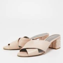 Gina Light Pink Leather Crystal Embellished Heel Slide Sandals Size 37 