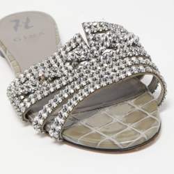 Gina Grey Crystal Embellished Leather Flat Slides Size 39.5
