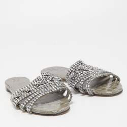 Gina Grey Crystal Embellished Leather Flat Slides Size 39.5