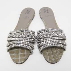 Gina Grey Crystal Embellished Leather Flat Slides Size 39.5