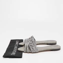 Gina Grey Crystal Embellished Leather Flat Slides Size 39.5