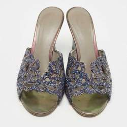 مملوكة مسبقًا Gina Blue Crystal Cut Out Wedge Slide Sandals Size 38