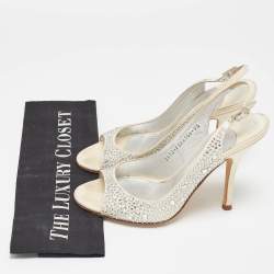 Pre Owned Gina Grey Fabric Crystal Embellished Slingback Pumps Size 38.5