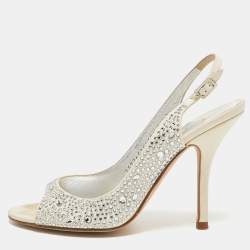 Pre Owned Gina Grey Fabric Crystal Embellished Slingback Pumps Size 38.5