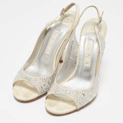 Pre Owned Gina Grey Fabric Crystal Embellished Slingback Pumps Size 38.5