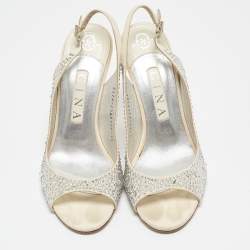 Pre Owned Gina Grey Fabric Crystal Embellished Slingback Pumps Size 38.5