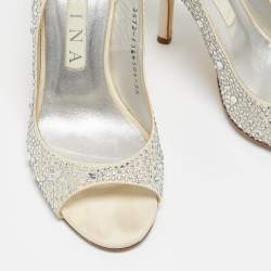 Pre Owned Gina Grey Fabric Crystal Embellished Slingback Pumps Size 38.5