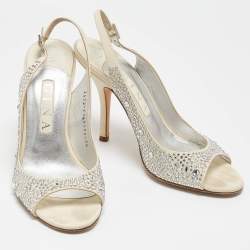 Pre Owned Gina Grey Fabric Crystal Embellished Slingback Pumps Size 38.5