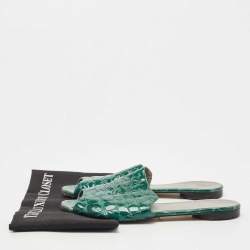 مملوكة مسبقًا Gina Green Croc Embossed Patent Leather Flat Slides Size 40