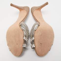 Pre Owned Gina Silver Glitter Fabric and Crystal Embellished Slide Sandals Size 38