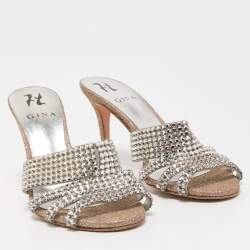 Pre Owned Gina Silver Glitter Fabric and Crystal Embellished Slide Sandals Size 38