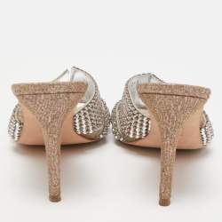 Pre Owned Gina Silver Glitter Fabric and Crystal Embellished Slide Sandals Size 38