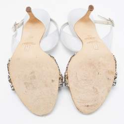 Pre Owned Gina Silver Leather Crystal Embellished Slingback Sandals Size 38.5