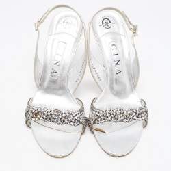 Pre Owned Gina Silver Leather Crystal Embellished Slingback Sandals Size 38.5