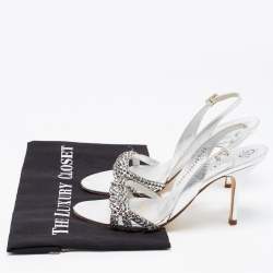 Pre Owned Gina Silver Leather Crystal Embellished Slingback Sandals Size 38.5